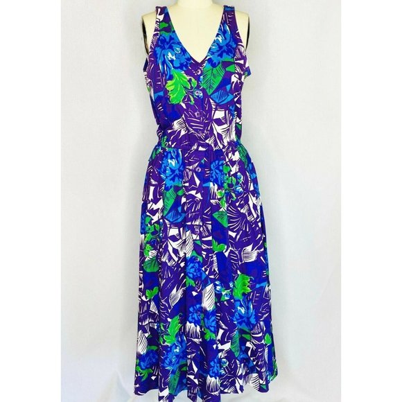 Vintage 80s 90s Purple Floral Day Dress Sz S Small Bright Tropical Button Front - Picture 4 of 8
